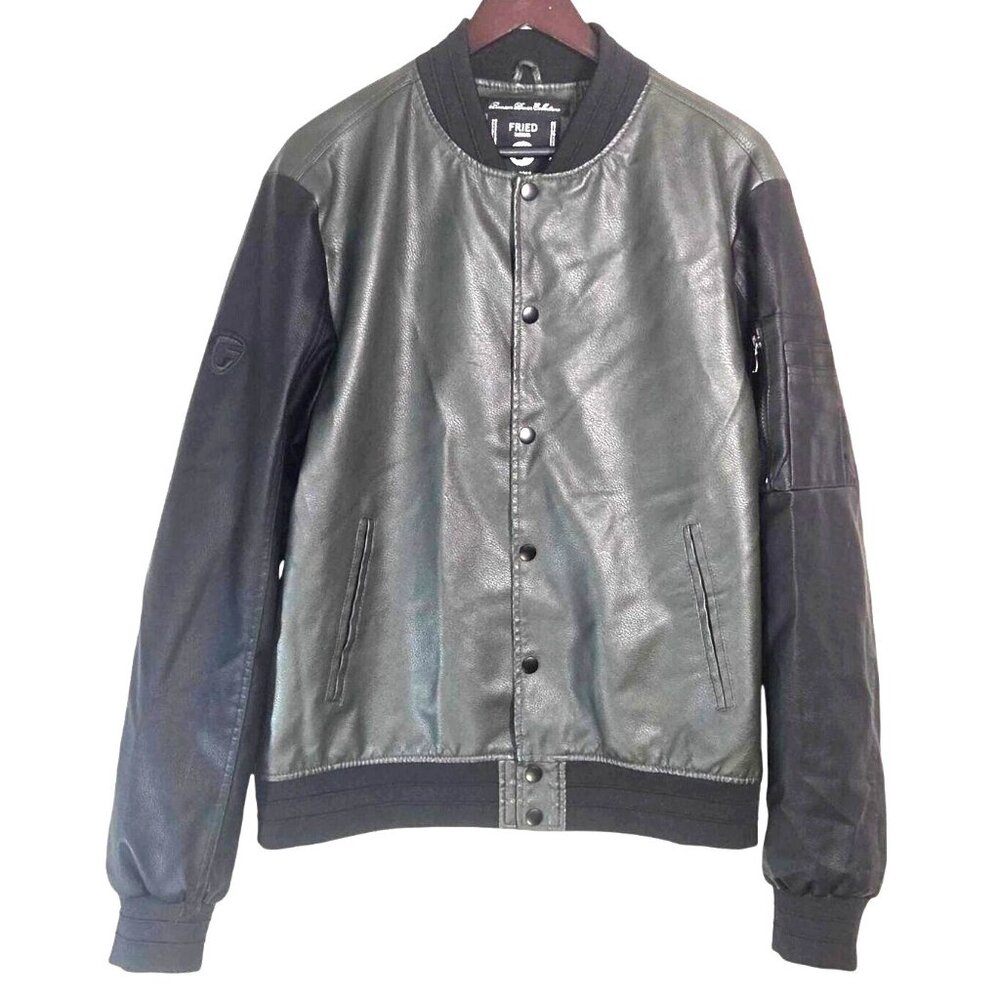 Fried Denim Black Gray Faux Leather Snap Front Biker Bomber Jacket Men's Size L